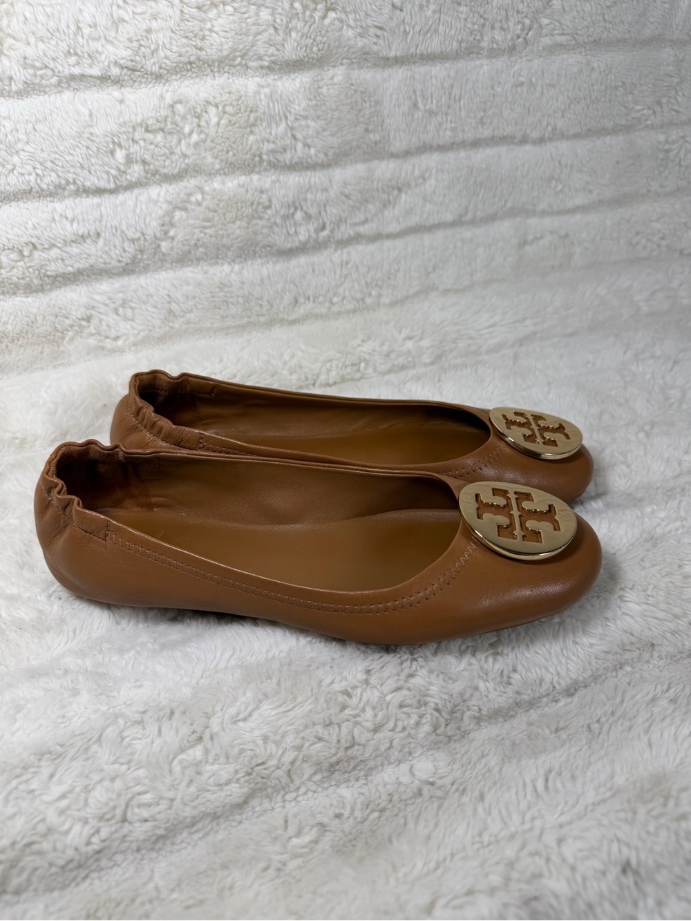 Tory Burch Minnie Travel Ballet Flat In Royal Tan/Gold Sz Womens 8 M